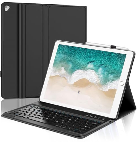 WAVATA Funda Teclado para iPad Pro 12.9 2017/2015, Teclado Bluetooth Desmontable para iPad Pro 12.9'' 2/1 Gen, Español, Negro