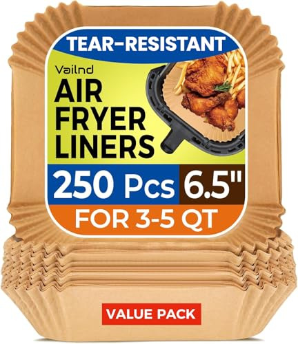 Air Fryer Paper Liners: 250Pcs Parchment Paper Sheets, Air Fryer Liner Disposable, Oilproof Waterproof Airfryer Basket Liner Square (6.5inch)
