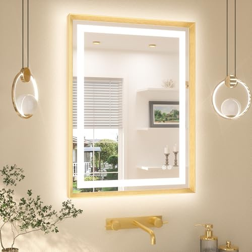 TETOTE Badspiegel mit Beleuchtung Gold Metallrahmen 60x80cm, Badezimmerspiegel Beleuchtet Beschlagfrei Wandspiegel Led Bad Spiegel mit Touch-Schalter, 3 Lichtfarben Dimmbar Speicherfunktion