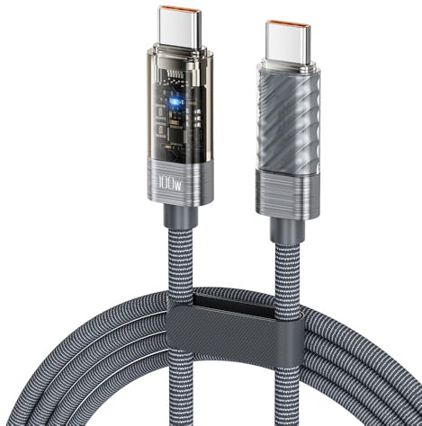 Wayzu® 100W USB C Fast Charging Cable with LED Light Type C to Type C Charger Lead,6A charging cable,E-Marker Chip,480Mbps Data Transfer – Safe Charging- Auto power cut off iP,Andrroid,Tablets (2M)