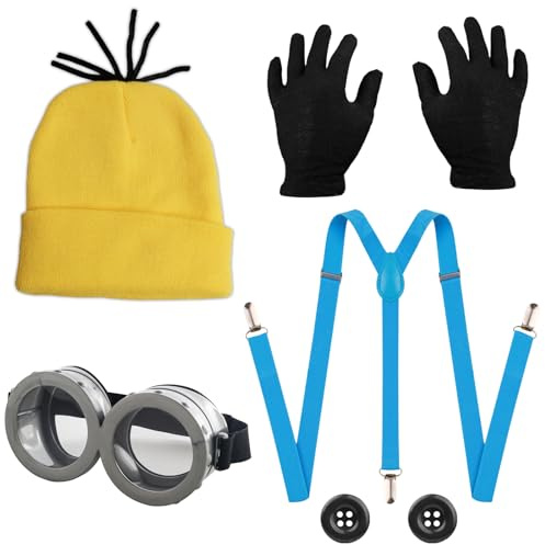 Snyvpra Interessantes Karneval Kostüm Set für Cosplay, Gelbe Mütze Schwarze Handschuhe, Karneval Kostüm Set Cosplay Gelbe Filmfiguren für Erwachsene Kinder