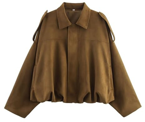 Xunger Women's Faux Suede Bomber Jacket Spring Lapel Pilot Coat Casual Oversized Long Sleeves Trendy Streetwear Outerwear, 01 Brown Pocket, S