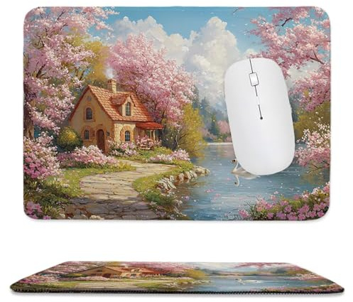 Gaming Mauspad 500 x 250 mm Klein Gaming Mousepad Aussicht Cottage Klein Mauspad Schreibtischauflage, Genähte Kanten Mauspad, rutschfeste Gummibasis, Schreibtisch Schutz für Home Büro de-253