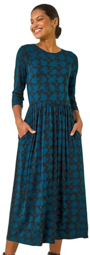 Roman Originals Maxi Dress with Pockets for Women UK Ladies Stretchy Jersey Midi Elasticated Gathered High Waist Skater Swing Fit Flare Office Work Smart Casual Boho - Teal - Size 16