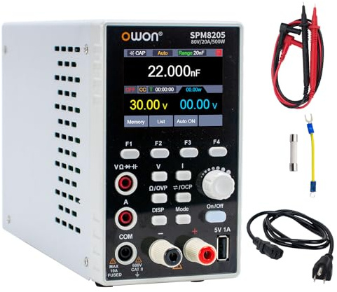 OWON SPM8205 2 en 1 Fuente de Alimentación y Multímetro, Fuente de Laboratorio Regulable, 0-80V 0-20A 500W, Fuente DC Programable con Pantalla con LED de Alta Precisión de 2,8”, Multímetro Digital