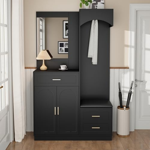 Merax Moderne Kompaktgarderoben, Garderobe Set mit Spiegel, Schuhschrank, Sitzbank, Schublade & Haken, Multifunktionales Lagerregal für Eingangsbereich, Schwarz, 110x33x185,5 cm