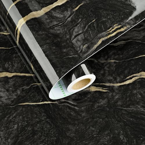 HotDecor Klebefolie Arbeitsplatte Küche Tapete Schwarz Gold Glanzende Marmor Folie Selbstklebend Möbelfolie Schwarz Schrankfolien Selbstklebend Küchentapeten Klebefolie Marmoroptik 40cm x 200cm
