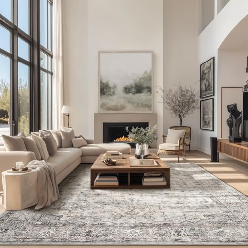 Topfinel Vintage Teppich 240 x 340cm Boho Kurzflor Teppich Waschbar rutschfest Weicher Wohnzimmer Teppiche für Schlafzimmer Esszimmer Büro Grau Extra Groß Carpet Orientalischer