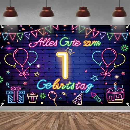 1. Geburtstag Banner für Mädchen Junge Deko Schwarz Neon 1 Geburtstag Hintergrund Banner, Extra Große Stoff Schild Poster für 1 Geburtstag Party Deko Polyester, 210x150 cm