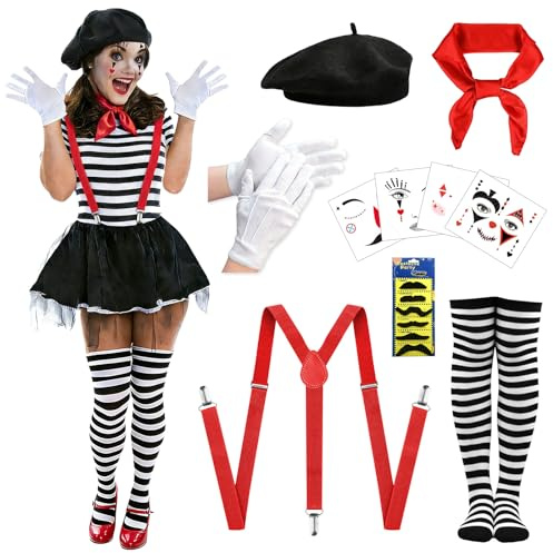 Pantomime Kostüm Damen- Faschingskostüme Karneval Zirkus Clown Kostüm Damen,10 Stück Pantomime Kostüme mit Baskenmütze Hosenträger Handschuhe Strümpfe Gesichtstattoo für Karneval Mottoparty Halloween