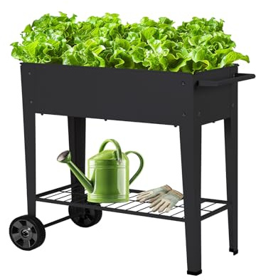 AGENQI Hochbeet Metall 108x51x80cm mit Rädern und Ablage Anthrazit Frühbeet | Blumenkasten Kräuterbeet Pflanzenbeet, Gemüsebeet Gartenbeet Blumenkübel für Balkon，Garten