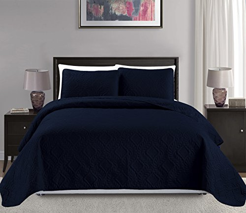 Mk Collection 3-teiliges Tagesdecke für Queen-Size-Bettüberwurf mit Diamanten, geprägt, einfarbig, Marineblau