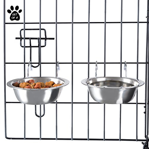 Set of 2 Stainless-Steel Dog Bowls - Cage, Kennel, and Crate Dog Bowls Hanging for Food and Water - 8oz Each and Dishwasher Safe by Petmaker