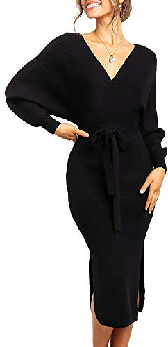 Chang Yun Women's Long Maxi Sweater Dresses Sexy Wrap Batwing V Neck Slit Open Back Holiday Bodycon Dress with Belt