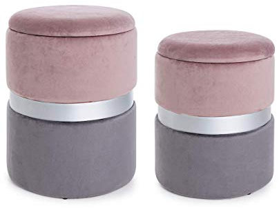 KONTE.DESIGN Set di 2 Pouf contenitore POLINA in velluto Rosa-Grigio