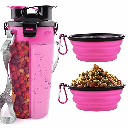 MATT SAGA 800 ml Dog Water Bottle and Food Bottle 2-in-1 with 2 Foldable Dog Travel Bowls Portable Dog Water Bowls for Walking, Hiking and Travel (Pink)