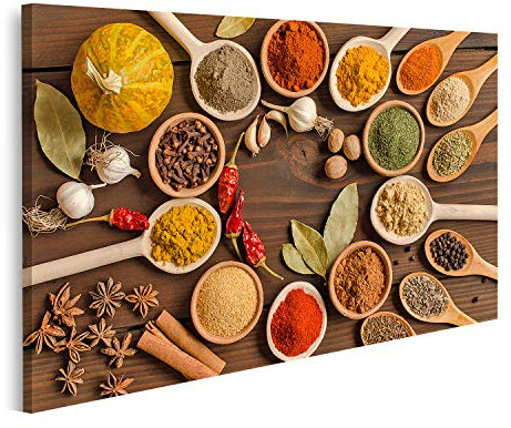 islandburner Bild auf Leinwand Set Indische Gewürze Holztisch Horizontal Bilder Wandbilder Poster