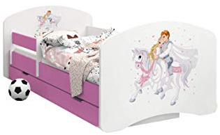 Happy Babies - Doppelseitiges PINK KINDERBETT MIT SCHUBLADE Modernes Design mit sicheren Kanten und Absturzsicherung Schaumstoffmatratze 7 cm (09. Prinzessin mit Pferd, 180x90)