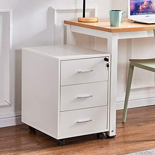 Ansley&HosHo Office White Unit Storage Cabinet 3 Drawers with Lock Wood Mobile Under Desk Pedestal Side File Document Organize Drawers Cabinet with Wheels Small Space