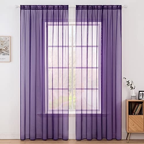 MIULEE Vorhänge Gardinen, Stangendurchzug Lila, 2er Set 160x140cm aus Voile | Transparente Gardine aus Voile, Luftig Leicht, Einfarbig Dekoschal für Wohnzimmer & Schlafzimmer
