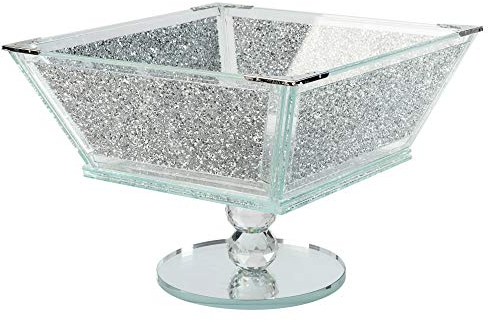 London Boutique Frutero de cristal extra grande para el centro de almacenamiento con diamantes aplastados, marco de metal plateado con forma cuadrada de 7.5 pulgadas de altura