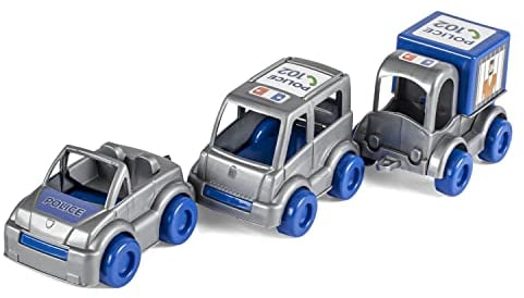 Wader 60024 - Kid Cars Spielset Polizei, 3 blaue Fahrzeuge mit Polizeiauto, Bus und Transporter, stabile Stahlachsen, ab 12 Monaten, ideal als Geschenk für kreatives Spielen