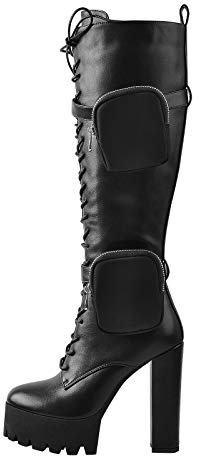 Only maker Women's Lace Up Knee High Boots with Track Sole Zipper Chunky Block Heel Goth Punk Biker Motorcycle Platform Booties with Detachable Pockets Party Dress Black Size 9