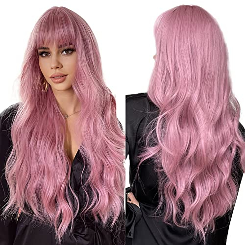 Esmee 26 Zoll Rosa Perücke mit Pony Natürliches Synthetisches Haar Lange Gewellt Perücken für Frauen Täglich Party Cosplay Tragen