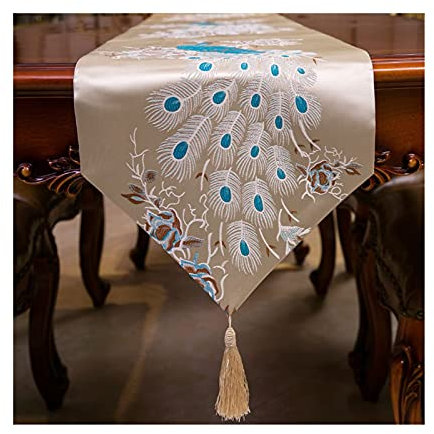 Banemi Tischläufer Kommunion, Tischdecke Ostern Gelb Jacquard Stoff Blumenblätter Pfau Polyester 34X205cm Halloween Tischdekoration