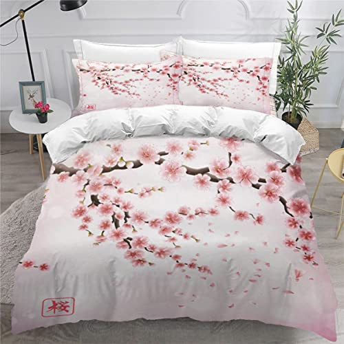 RLYXGS KirschblüTen Bettbezug Set Japan Bedrucktes Bettwäsche Set 155x220cm Hypoallergen Atmungsaktive Polyester Betten Set mit versteckter Reißverschluss 3-teiliges Set + 2 Kissenbezug