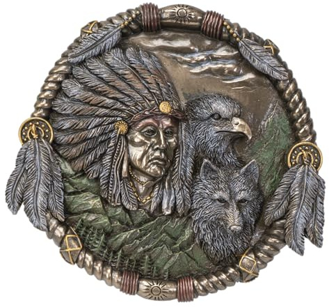 Pacific Giftware Wanddeko Indianer mit Wolf und Adler | Wandrelief Bild