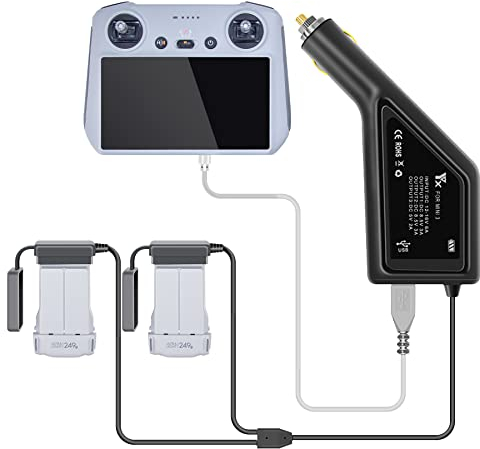 Yangers Autoladegerät für DJI Mini 3 Pro/Mini 4, 3 in 1 Autoladeadapter für Zwei Mini 3 Akkus + 1 Fernbedienung (Nicht für Mavic Mini und Mini 2)