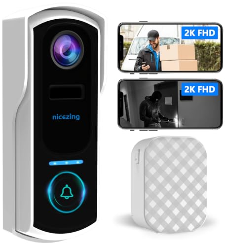 nicezing 2K FHD Türklingel mit Kamera, Video Türklingel, Funkklingel mit Kamera WLAN, Mensch Erkennung, Nachtsicht, Sprachnachricht, Zwei-Wege-Audio, Unterstützt SD & Cloud-Speicher