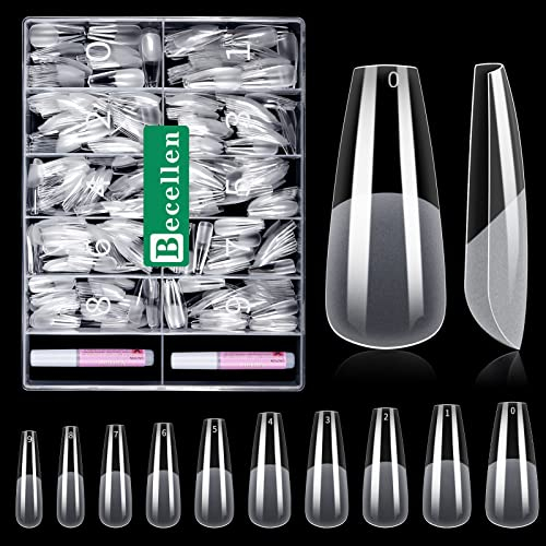 Becellen 500 Pièces Faux Ongles Cercueil, Transparent Couverture Complète Capsules Americaine Ongles Ballerine avec Colle pour Femme Filles Nail Art (10 Tailles)