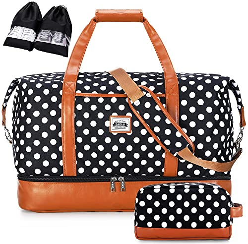 Lekespring Reisetasche Damen, Reisetasche Handgepäck Sporttasche Weekender Tasche Für Flugzeug, Kliniktasche Geburt, Duffle Bag mit Kulturbeutel und 2 Schuhsäcken, 50L, Polka-Punkte