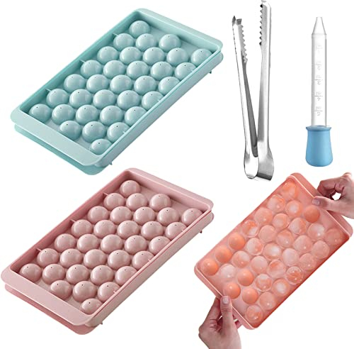 BDSHUNBF 2 Pack Eiswürfelform mit Deckel, Runde Eiswürfelform Silikon, Ice Cube Ball Mold, für Eiskühlen von Cocktails, Whiskey, Tee und Kaffee, mit Tropfer u Eiszange(Rosa + Blau)