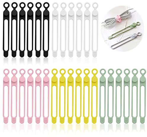 AWAVM 30PCS Silicone Cable Ties, Data Cable Storage, Flexible Cable Winder, Multi-Purpose Silicone Cable Strap, Reusable, Earphone Cable, Charging Cable, Network Cable (Multi Color)