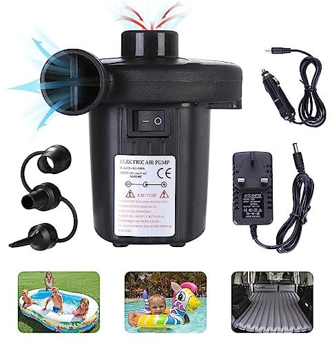 mebiusyhc Electric Air Pump,Portable Quick-Fill Air Pump with 3 Nozzles,110V AC/12V DC,Perfect Inflator/Deflator PumpsOutdoor Camping,Inflatable Cushions,Air Mattress Beds,Boats,Swimming Ring,Black