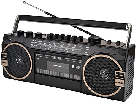 Portable Bluetooth Boombox, Retro Built-In Stereo Speaker with Cassette Player USB TF Card Play Tape Music Player Recorder 5.0 Bluetooth Speakers Radio Classic 80s Style (Color : Black)