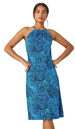 Roman Women Halterneck Midi Dress - Ladies Halter Neckline Maxi Spring Everyday Summer Holiday Sleeveless Soft Tie Waist Detail Keyhole Neck Gown Vacation Frocks - Blue & Black - Size 18