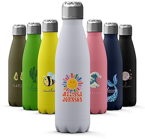 Tirita Personalised Water Bottle - Thermal Travel Flask for Hot & Cold Drinks - Insulated Stainless Steel Bottle - Gym, Office, School Drink Bottles - 500ml Bottle [40- Smiling Sun Rainbow]
