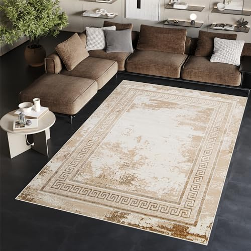 TAPISO Ares Teppich Kurzflor Glänzend Creme Braun Rahmen 120 x 170 cm | Bordüre Barock Klassisch 3D Effekt Wohnzimmer Schlafzimmer OEKO-TEX