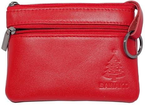 BAWAKO Schlüsseltasche Echtleder Sonderedition, Schlüsseletui für Damen Herren Kinder, Schlüsselmäppchen Kleingeldbörse kompakt handgemacht Spezial (Rot, Weihnachtsbaum M)