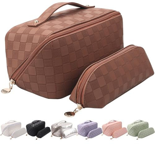 Abiudeng Kosmetiktasche Set,Kulturbeutel-Damen,Kulturtasche,Reise Make up Tasche,Kosmetiktasche,Groß Makeup Bag,Wasserdicht Schminktasche mit Fächern,PU Leder für Frauen,2 Pcs-B-Braun