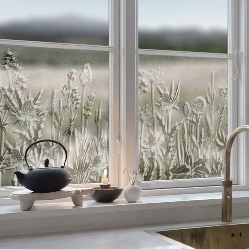 funlife 58x120 cm Fensterfolie Blickdicht, Sichtschutz beidseitig Blickdicht statisch selbsthaftend Folie für Küche, Opaque Blossom Gras Sichtschutzfolie Glasfolie, Distel und Löwenzahn
