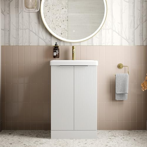 BAYSTONE® Fluted 500mm Bathroom Vanity Unit Ceramic Wash Sink, Cloakroom Storage Furniture Under Basin Cabinet Floorstanding Cupboard, Matt White