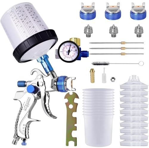 Pistola per Verniciare, Aerografo per Verniciare, Airless Spruzzatore Vernice con 3 Ugelli, TOOSOAR Pistola Compressore per Carrozzeria, Vernice Murale