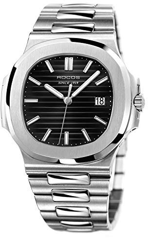 ROCOSJEWE Uhren für Herren, automatisch, selbstaufziehend, mechanische Uhr, wasserdicht, stoßfest, leuchtend, Business-Armbanduhr, verstellbares Edelstahlband, Schwarz, Analoge Uhr, mechanisch