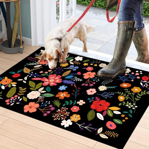 MUGINYU Boho Floral Welcome Mat, Black, 20x 32, Non Slip Doormat, Outdoor Rug