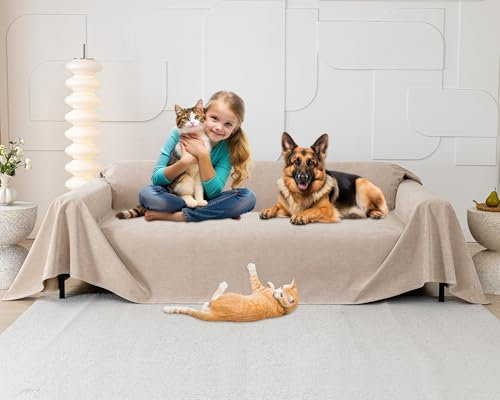 Loiion Katzen Kratzschutz für Sofa, 3 Sitzer Überzug, Rutschfeste Wasserdichte Abdeckung, Möbel Couchschutz für Haustiere, Haare, Kinder, Hunde, Kratzer - Khaki, 380x180cm